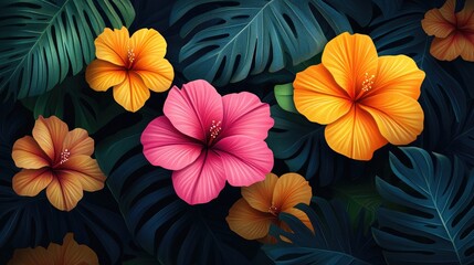 Wall Mural - Vibrant tropical hibiscus flowers in various colors surrounded by lush green leaves, creating a serene backdrop