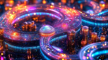 Wall Mural - Futuristic city lightscape; vibrant, swirling architecture; technology concept; science fiction background