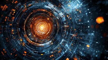 Futuristic digital tunnel, glowing core, abstract background, tech concept