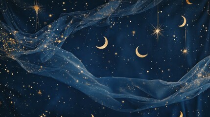 Wall Mural - Dreamy Night Sky with Stars and Moon Elements on a Dark Background