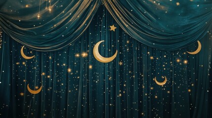 Wall Mural - Starry Night Backdrop with Golden Moons and Sparkling Drapery