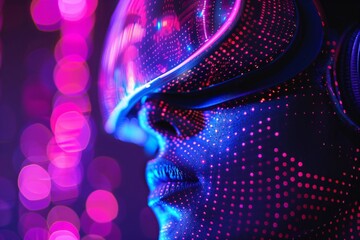 futuristic profile with neon dots pattern in purple and blue colors against dark background. digital