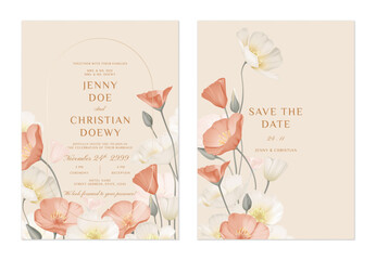 Wall Mural - wedding invitation and save the date template set of delicate white and orange California Poppy flowers on a soft peach background, adding a warm and inviting atmosphere