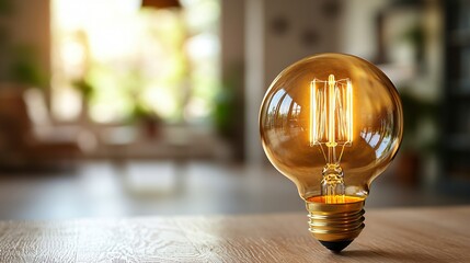 Wall Mural - Glowing Edison bulb on table, home interior background.  Idea, innovation concept