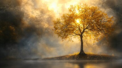 Poster - Golden autumn tree on island, misty sunrise