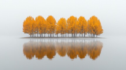 Poster - Golden autumn trees island reflection, misty lake