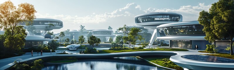 Fototapete - A sprawling technology campus featuring interconnected buildings and modern architecture.