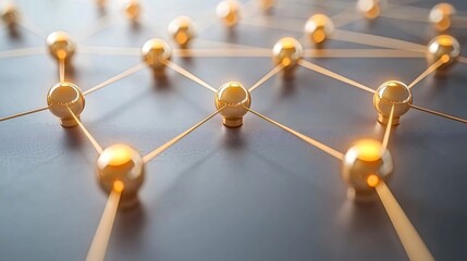 Golden spheres network connection, abstract background, business concept