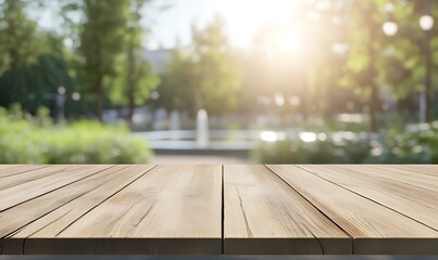 Aufkleber - A smooth wooden tabletop with a blurred background, ideal for backgrounds and product photography.