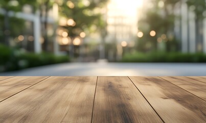 Fototapete - A smooth wooden tabletop with a blurred background, ideal for design and product displays.