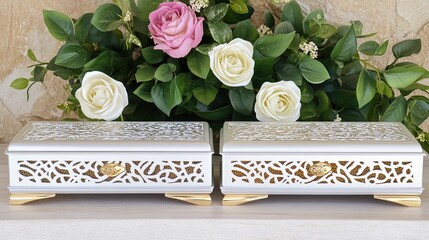 Wall Mural - Elegant white boxes roses stone background gift