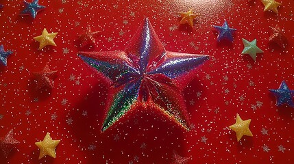 Canvas Print - Iridescent star on red glitter, festive background