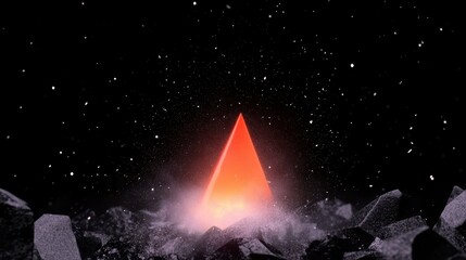 Wall Mural - A glowing red pyramid emerges from rocky terrain against a starry backdrop.