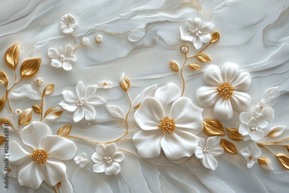 Golden and white floral 3D design on a soft white marbled background, combining opulence and minimalism.