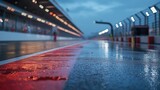 Wet race track, pit lane, night race, rain, lights, speed, motorsport, asphalt, competition, background