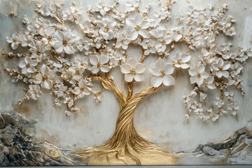 High-quality 3D mural wallpaper with a golden tree of life surrounded by blooming white flowers in a serene setting.