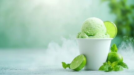 Wall Mural - Ice bowl with fresh mint and lime, a refreshing summer treat for beating the heat