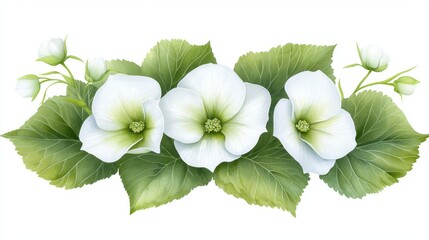 Wall Mural - Serene white flowers and lush green leaves on a pristine white background, natural aesthetic