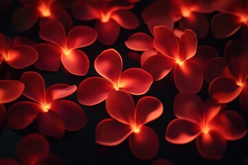 Wall Mural - photographic image of frangipani blossoms glowing vividly on a rich black background, rendered in st