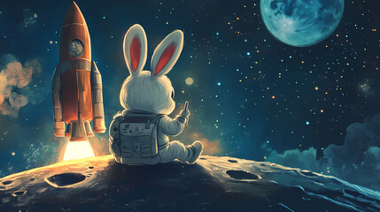 cute bunny astronaut sitting on the moon with a rocket in the background. dream-bound astronauts. il