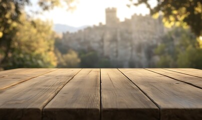 Aufkleber - A rustic wooden table set elegantly displayed with a blurred medieval backdrop.