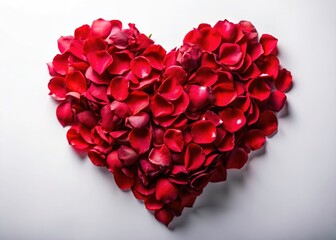 Wall Mural - Close-up macro of red rose petals forming a heart, low light, dramatic dark/white backdrop.