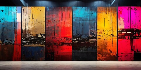 Poster - A wall of colorful paintings with a blue one in the middle