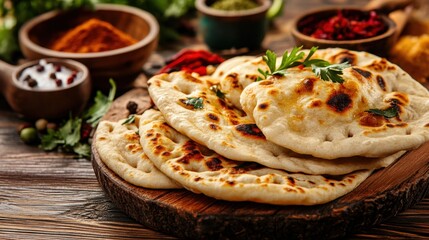 Traditional Indian tandoor setup with naan and spices on wooden counter