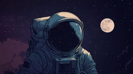 Wall Mural - Astronaut in space suit looking at night sky with stars and moon. Dream-Bound Astronauts. Illustration