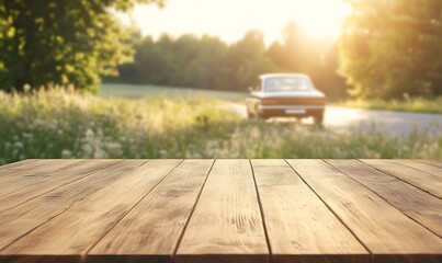 Aufkleber - Polished wooden tabletop with a blurred background, ideal for design and decor projects.