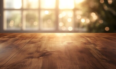 Aufkleber - Polished wooden tabletop showcasing a blurred background, ideal for interior design or furniture use.