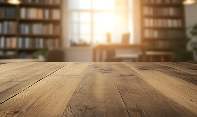 Poster - A polished wooden desk with a blurred background, ideal for showcasing workspace aesthetics or furniture designs.