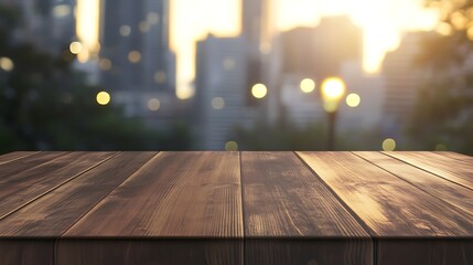 Poster - A modern wooden table set against a blurred urban cityscape background.