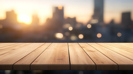Poster - A modern wooden table set against a blurred urban cityscape background.