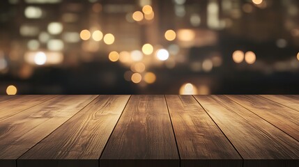 Poster - Modern wooden table set against a blurred urban cityscape, ideal for home decor and design projects.