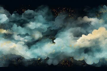 Wall Mural - night sky with dark turquoise clouds and golden glitter effect on black background. magical starry n