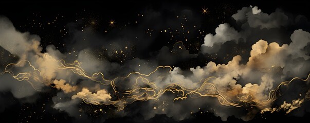 Wall Mural - dark night sky panorama with golden clouds and glowing lines. abstract cosmic background with starry