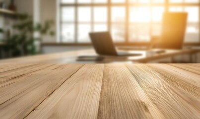 Poster - A minimalist wooden tabletop image with a softly blurred background, perfect for modern interior design projects.