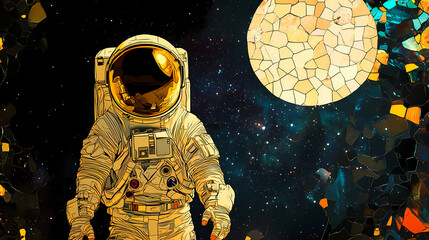 Wall Mural - mosaic art style, art nouveau style, astronaut on the moon with black space as background. galactic 