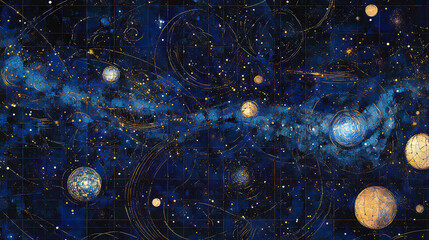 Wall Mural - galactic cartography unveiled: a scholarly map of the cosmos - seamless tile background, tiling land