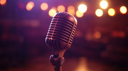 Fototapete - Vintage microphone stands alone on stage with bright lights illuminating the background during an evening performance. Generative AI