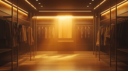 Poster - Stunning modern clothing store interior with golden lighting and elegant display. Generative AI