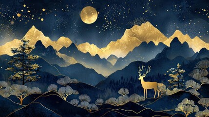 Wall Mural - a rich mural wallpaper with golden mountains and a dark blue jungle featuring a deer and a christmas