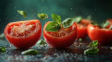 Wall Mural - Fresh tomatoes with basil leaves and spices, creating a vibrant culinary scene.