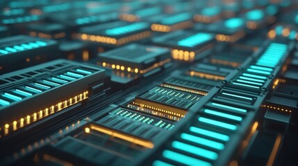 Futuristic data center server array processing, glowing, technology background