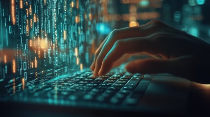 Night coder typing binary code on laptop, city background, software development