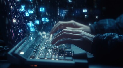 Data entry, night, laptop, glowing digits, cybersecurity