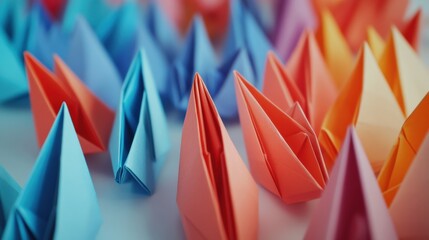 Fototapete - Group of paper planes flying in one direction with one individual pointing the opposite way, symbolizing innovation and creativity. Generative AI