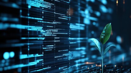 Plant sprouting from digital code; tech growth