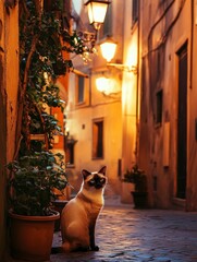 Wall Mural - A brown Burmese cat sitting on the edge of an old street at night, with warm light from lanterns and potted plants.